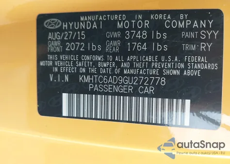 2016 Hyundai Veloster z USA, uszkodzony, nr VIN KMHTC6AD9GU272778